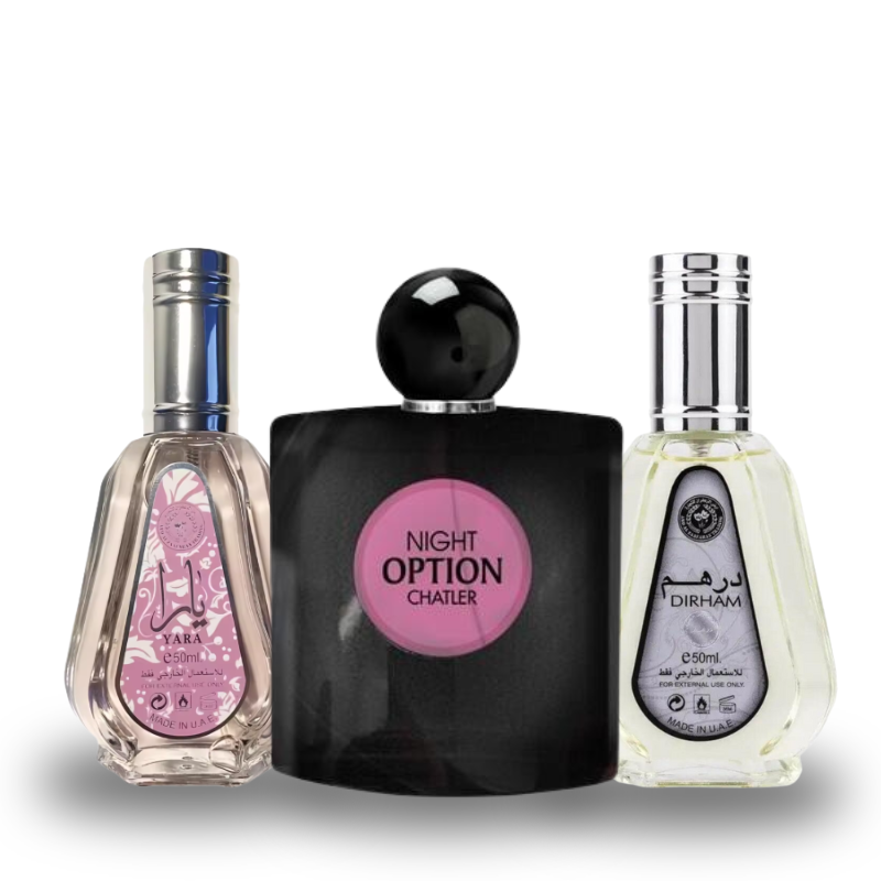 Combo de 3 Perfumes Chanel YARA, NIGHT OPTION, DIRHAM